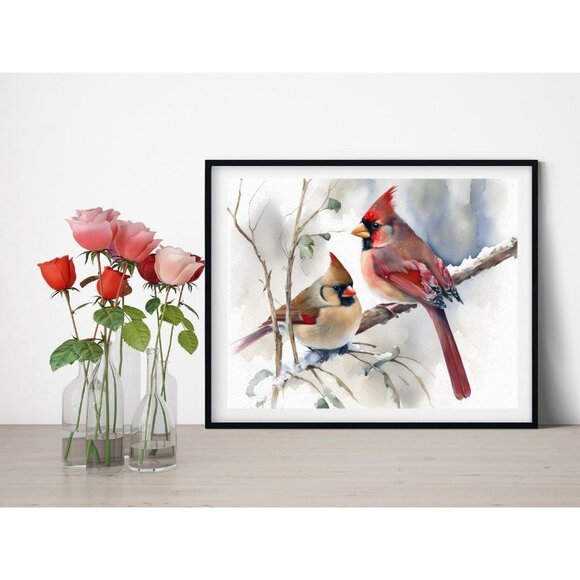8x10 Cardinal with Girlfriend Love Birds Watercolor Oil Painting‎ Print - Picture 3 of 4
